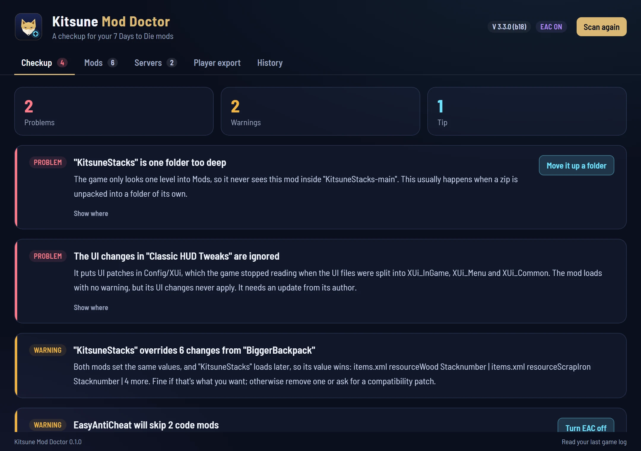The Checkup tab: two problems (a mod unpacked one folder too deep, with a Move it up a folder button, and UI patches the game ignores), two warnings (a mod clash and EasyAntiCheat skipping code mods) and a tip.