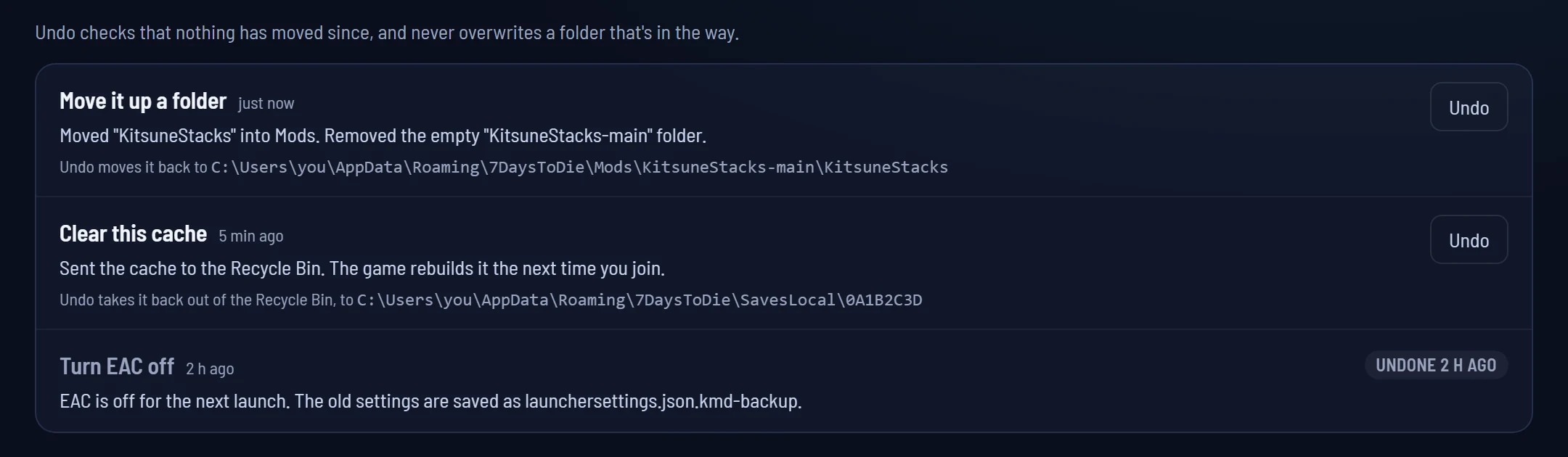 The History tab: Move it up a folder and Clear this cache, each with an Undo button, and a Turn EAC off that has already been undone.